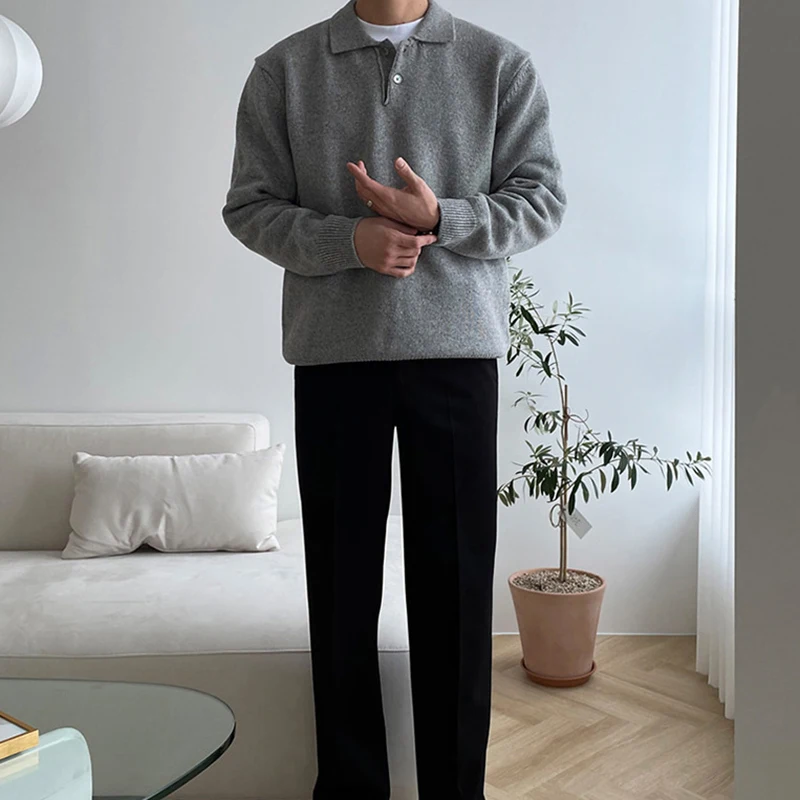 อินเทรนด์สีทึบเสื้อกันหนาวผู้ชายเสื้อโปโล 2025 ฤดูใบไม้ร่วงฤดูหนาวใหม่สบายๆแขนยาวถักจัมเปอร์ผู้ชายแฟชั่นเสื้อกันหนาว