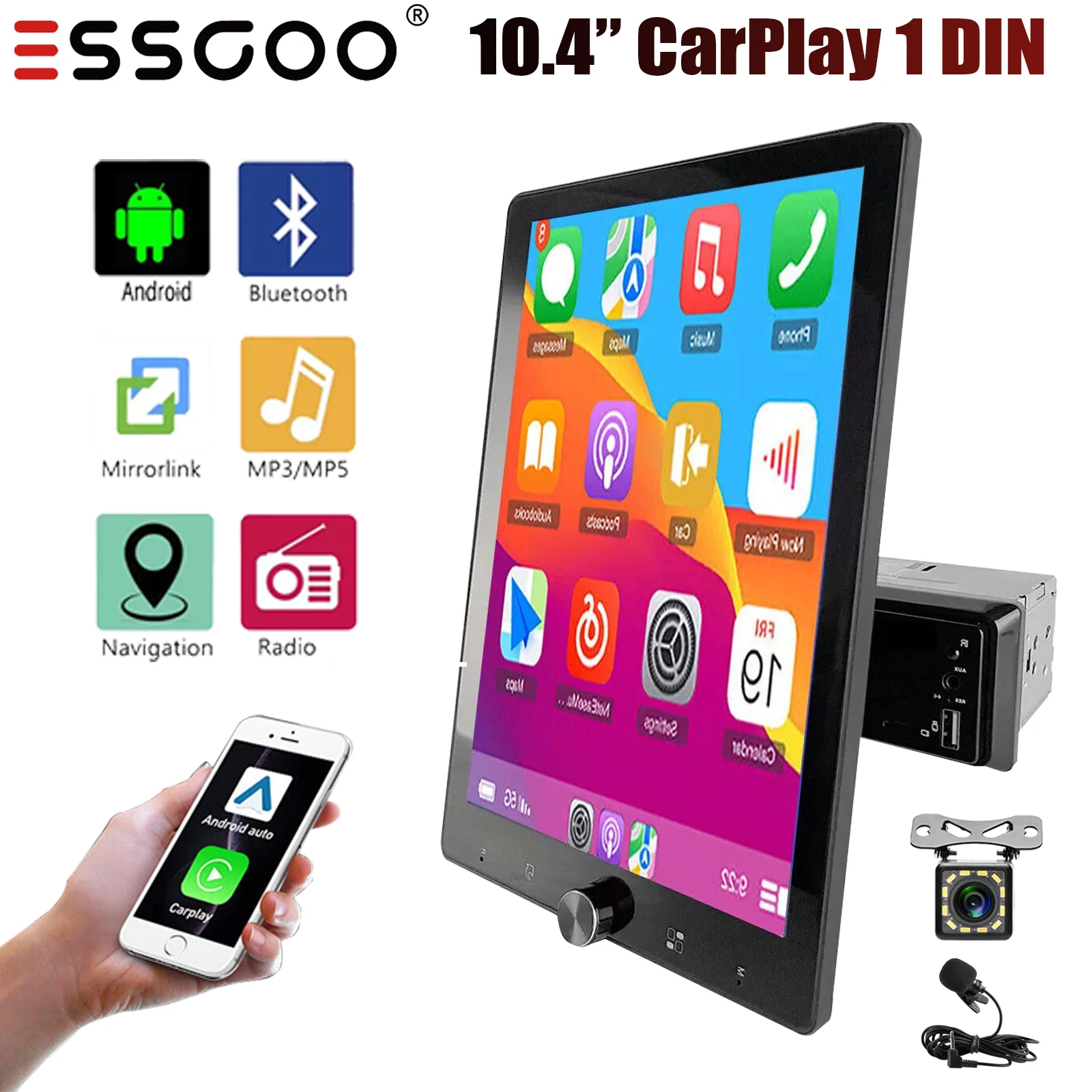 

ESSGOO 10.4" Single 1 Din Rotatable IPS Touch Screen Car Stereo Wireless Bluetooth Apple CarPlay & Android Auto SWC FM Radio USB