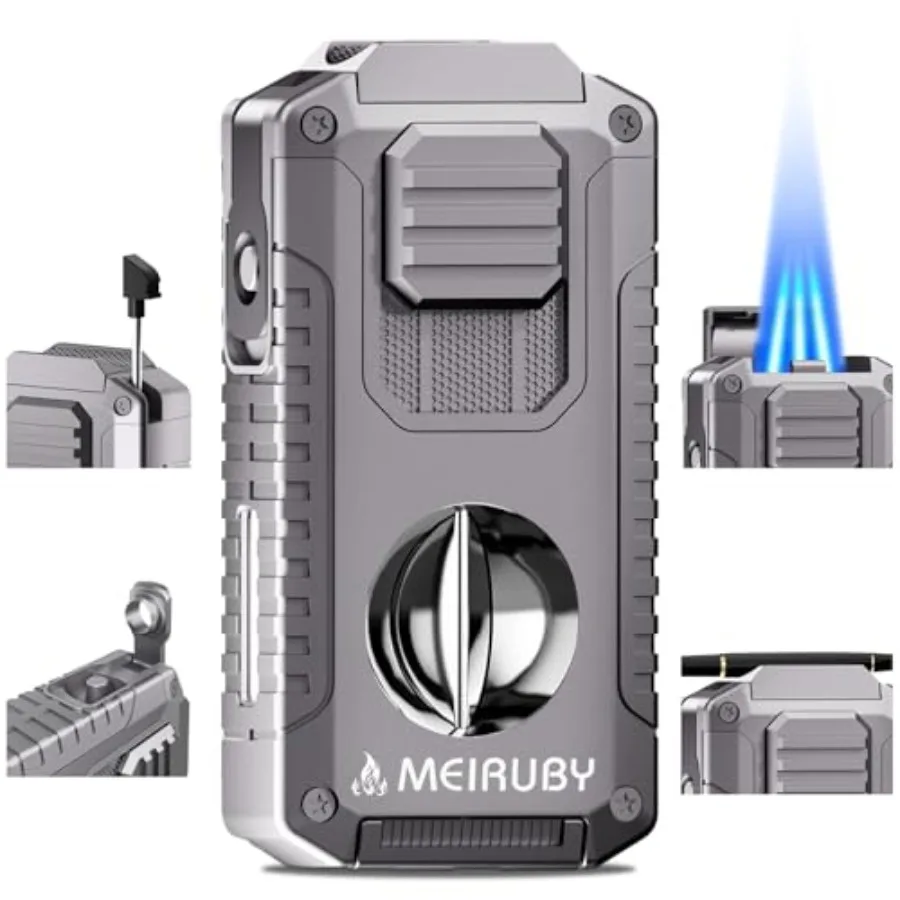 

5-in-1 Butane Torch Lighter Refillable Jet Flame Cigar Lighter with V-Cutter Punch Holder and Draw Tool Multi-Functional Cigar