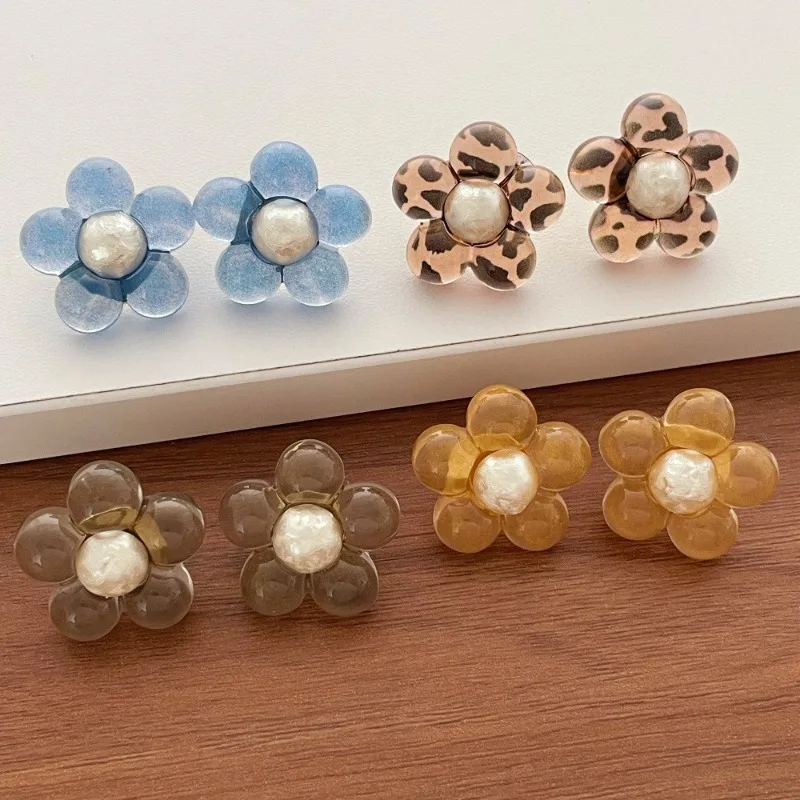 Minar Temperament Candy Color Leopard Acrylic Resin Imitation Pearl Flower Dangle Earrings for Women Girls Holiday Daily Jewelry