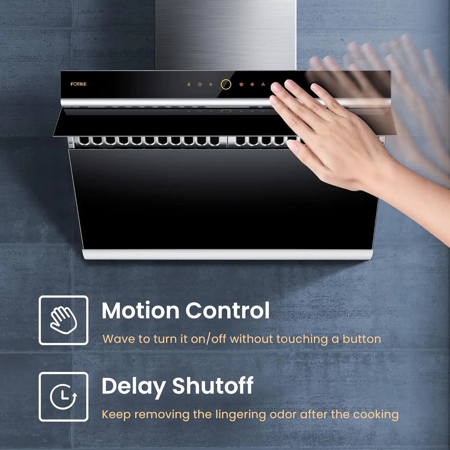 Under-Cabinet or Wall-Mount Range Hood Dual DC-Motor Slant Vent Design Hands Free On and Off Touchscr