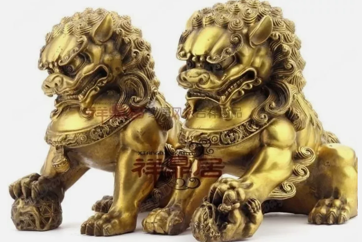 Chinese Classic copper Big lion guard pair fenshui foo Dog statues height 20cm