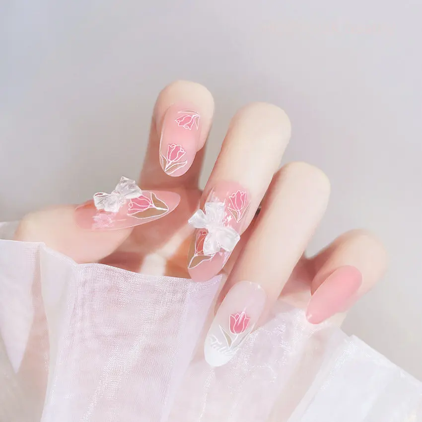 

24pcs Pink Flower Bow Finished Fake Nails Reusable Removable Press On Nail With Designs Full Cover Artificial False Nails Set