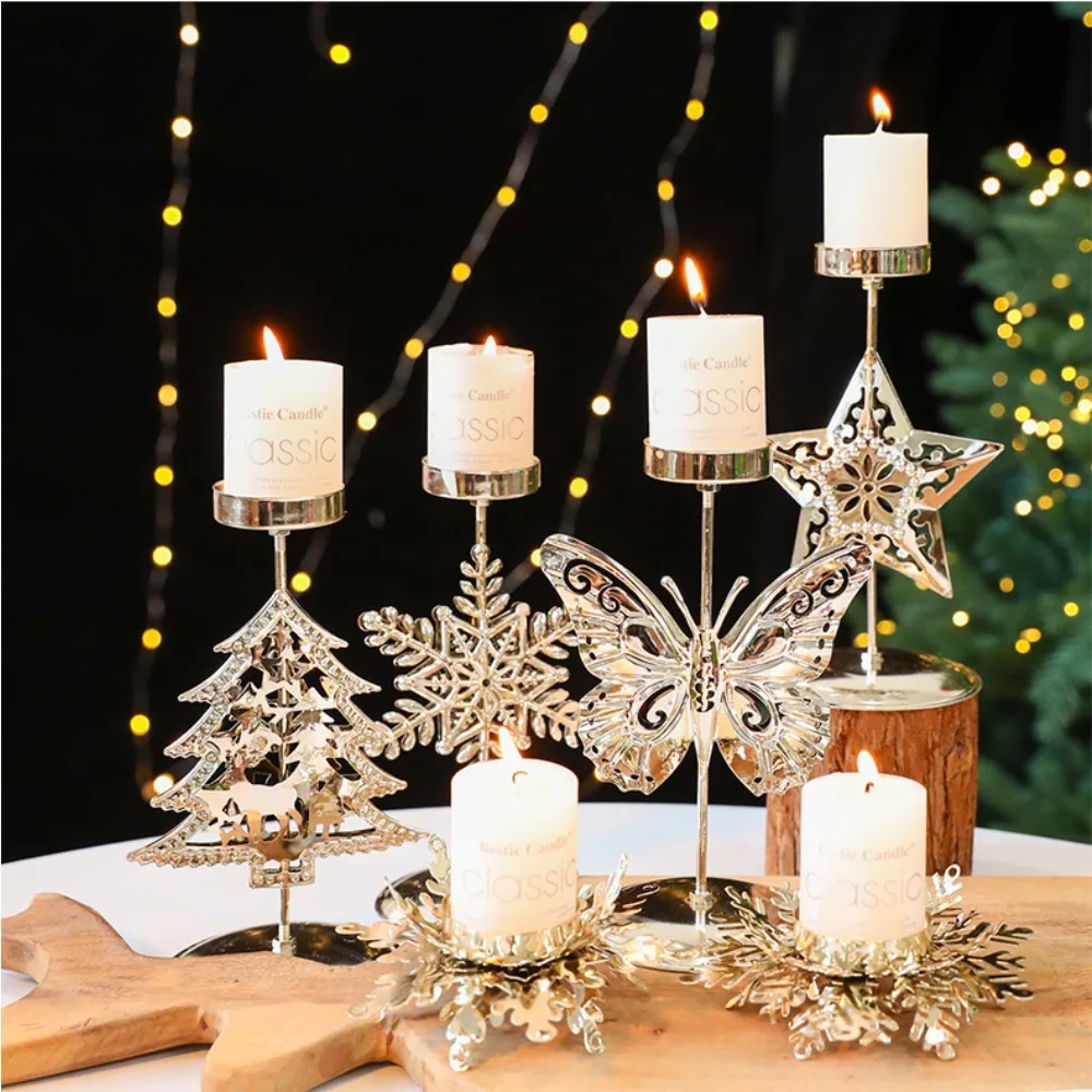 Xmas Metal Tealight Candle Holder Snowflake Tree Butterfly Star Shape Candlestick for Christmas Dining Table Decoration