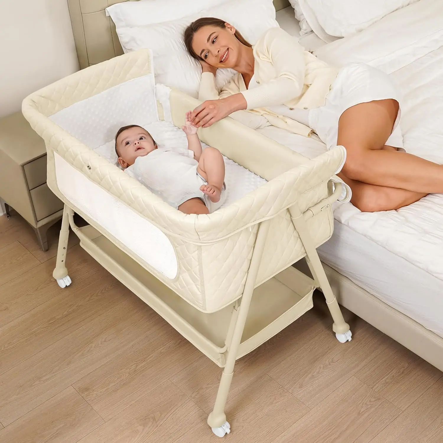 

Baby Crib for Newborn, Baby Bassinets Bedside Sleeper with Breathable Mesh & Mattress, Easy Move Crib for Newborns with Lockable