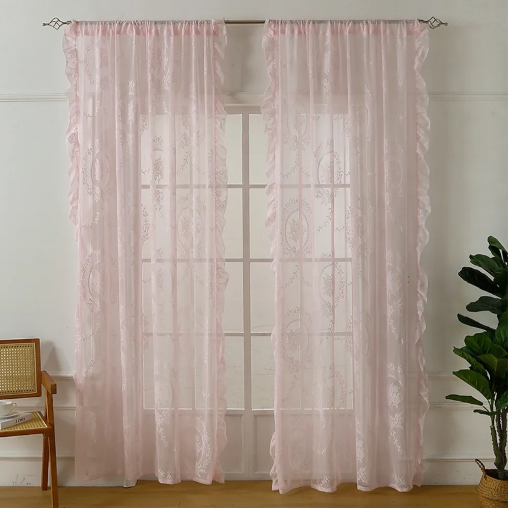 

2 Pcs Romantic Ruffled Edge French Lace Floral Curtain Rustic Retro Gauze Curtain Embroidered Lace Sheer Curtain Living Room
