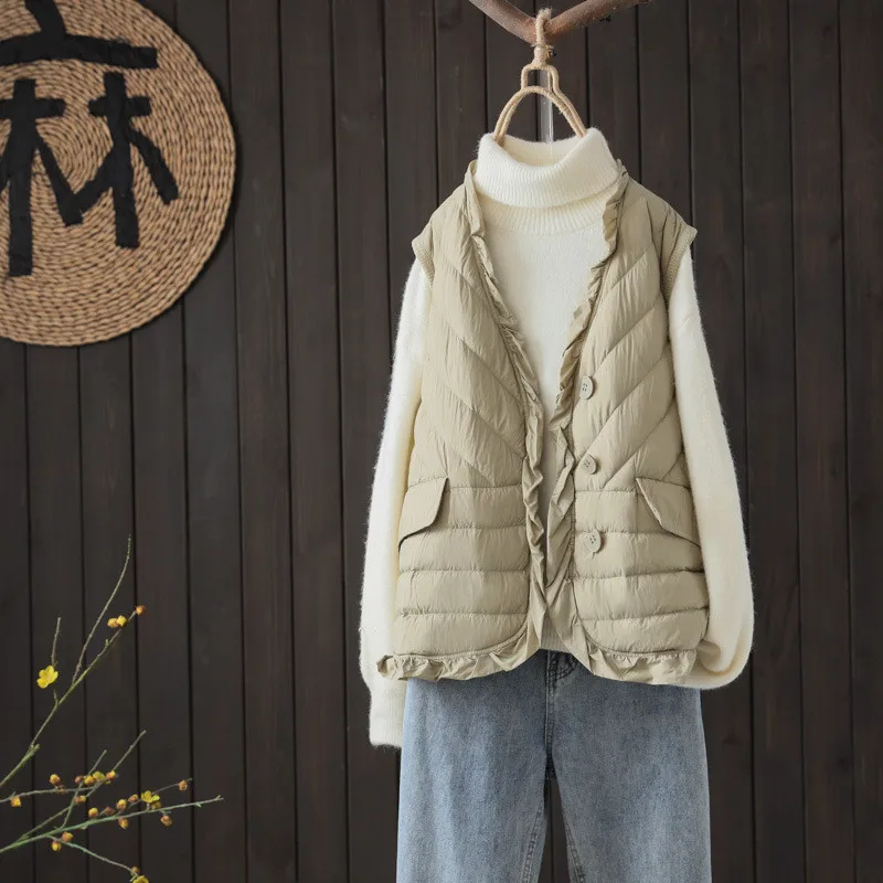 Chaleco de plumón de pato blanco ultraligero para mujer, abrigo de invierno con cuello de pico, chaleco sin mangas, chaqueta, camisetas sin mangas cortas cálidas para mujer