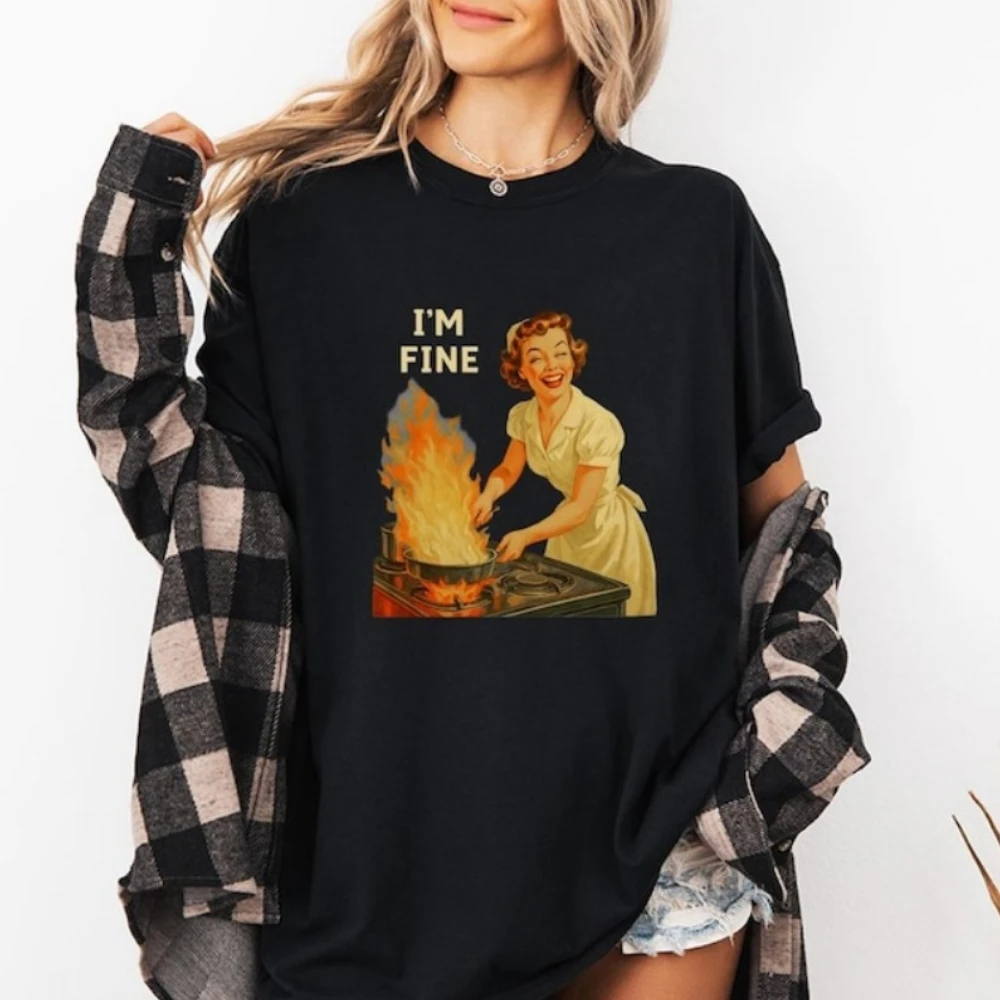 

I Am Fine T-Shirt Retro Housewife Funny Graphic Tee Vintage Style Humor Shirt Sarcastic Graphic Shirt Women Crewneck Cotton Tops