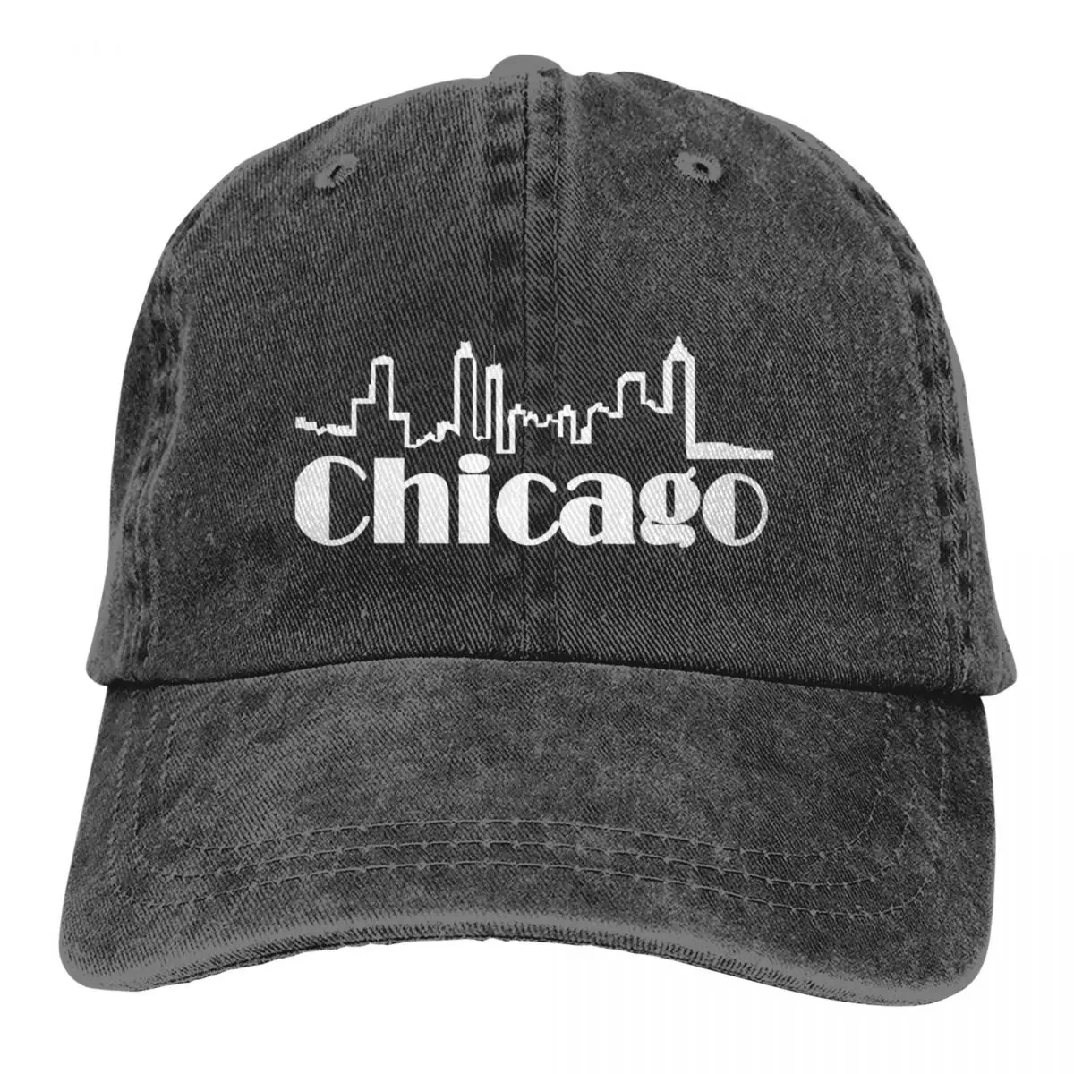 

Chicago Text Black Premium Unisex Style Baseball Cap Distressed Washed Hats Cap Vintage Adjustable Fit Snapback Cap