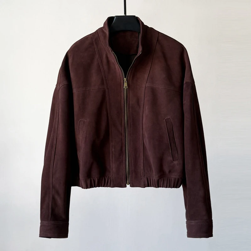 Veste en daim pour femme, manteau importé en peau de chèvre, hauts décontractés, col montant, ample, en cuir véritable, court, nouvelle collection 2026
