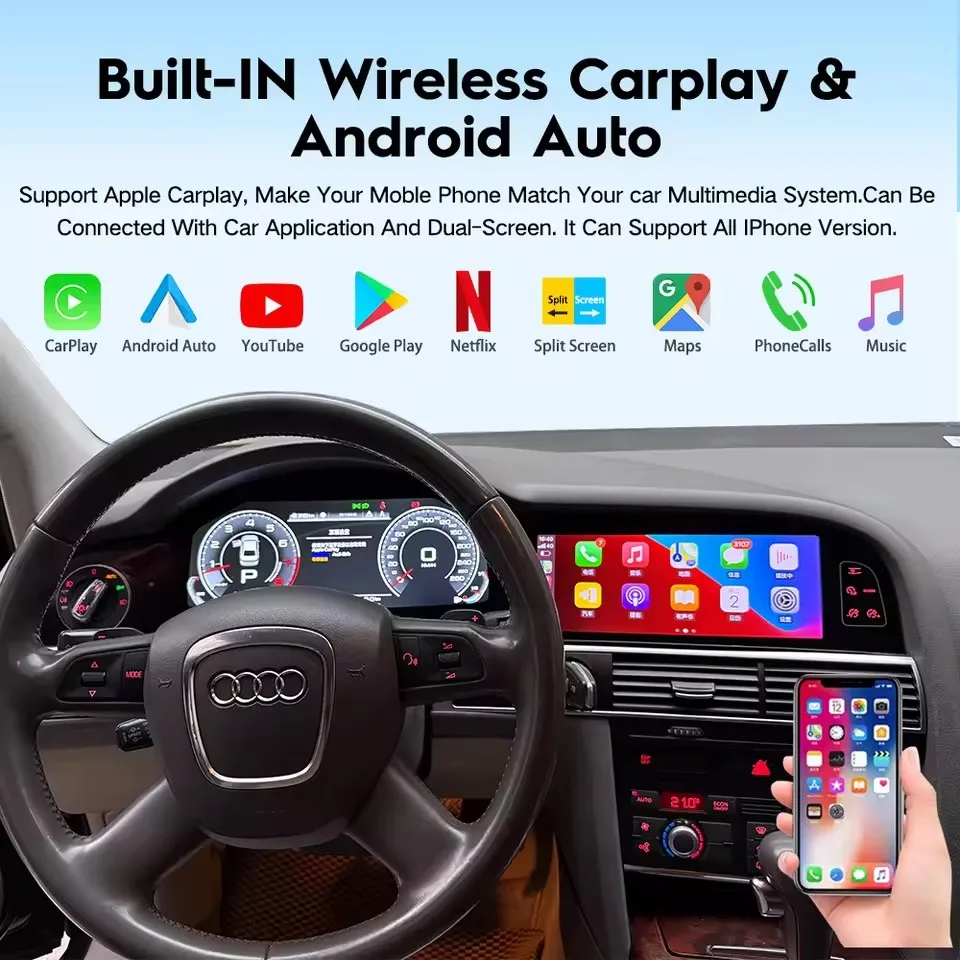 

24,6-дюймовый Android-стереоаппарат с CarPlay для Audi A6 2006-2012, двойной экран, автомобильная магнитола + цифровой спидометр, GPS-навигация, головное устройство с управлением климат-контролем