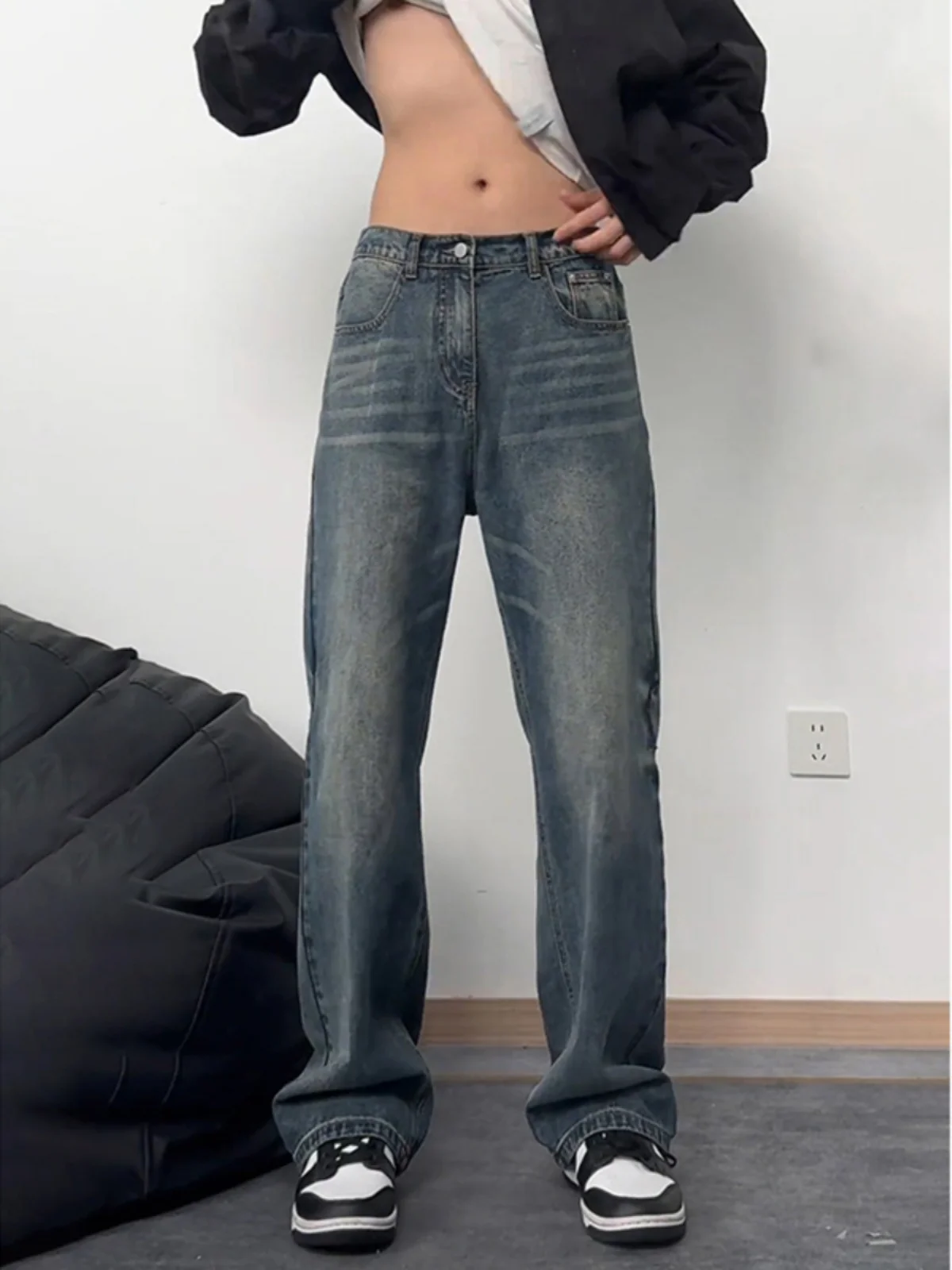 

Retro American Blue Jeans Men's Spring Vintage Straight High Waist Extended Slim Flared Leg Pants Youth Trend Cotton Polyester