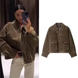 Retro Bomber Jackets Women 2025 New Autumn Winter Casual Big Pockets Turn-Down Collar Zipper Short Coat Fashion Loose Outwear