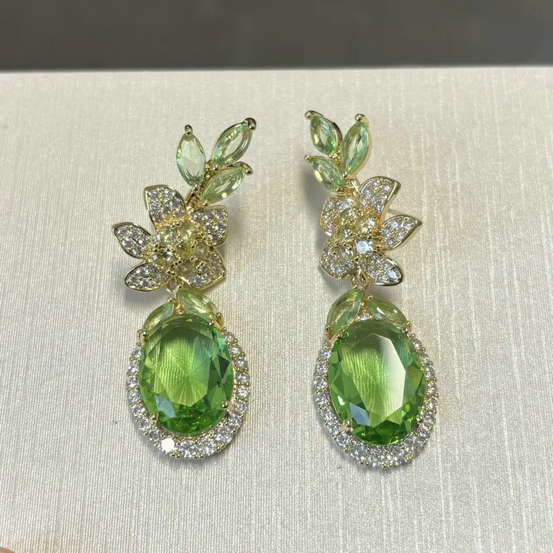 Bilincolor Blossoming Flower Lightweight Water Drop Shaped Green Zircon Earrings