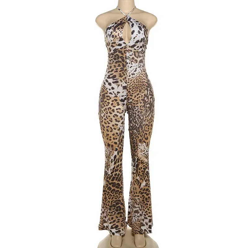 Mulheres sexy leopardo impressão halter macacões oco para fora rendas até halter sem costas magro alargamento macacão meia-noite clubwear macacão