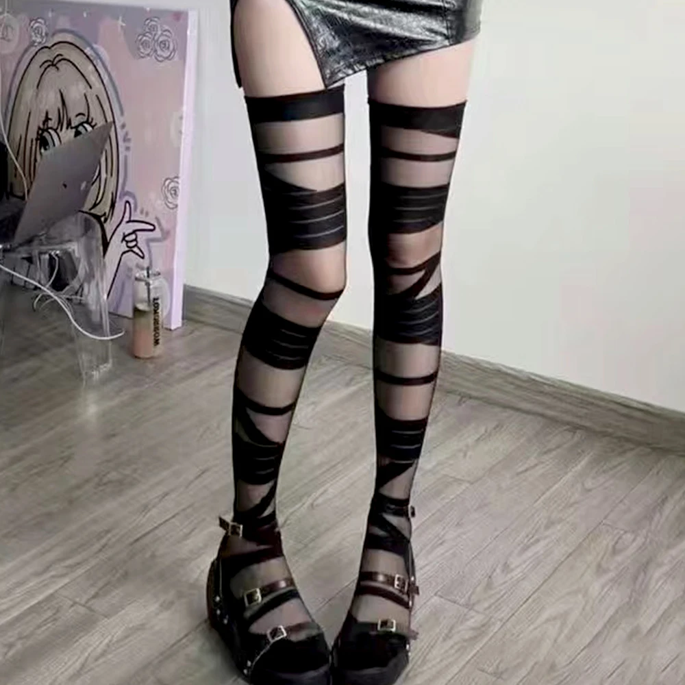 Jk Tie Lace Fishnet Stockings Bandage Irregular Calf Socks Women's Middle Tube Socks Straps Summer Sexy Long Japanese Socks