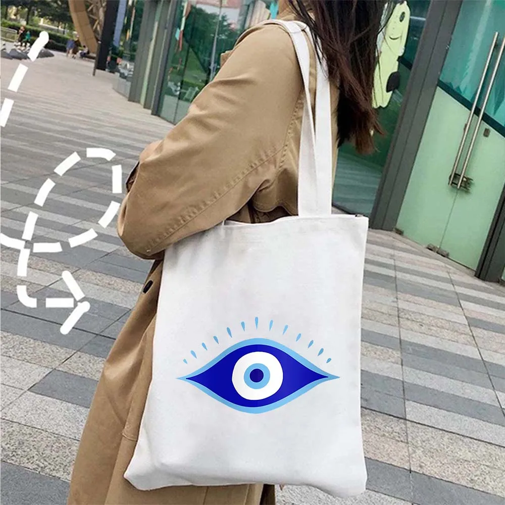 Occhi diabolici colorati Elegante amuleto Nazar blu Greco malocchio Piuma di uccello Shopping Borsa tote in tela Borsa a tracolla da donna