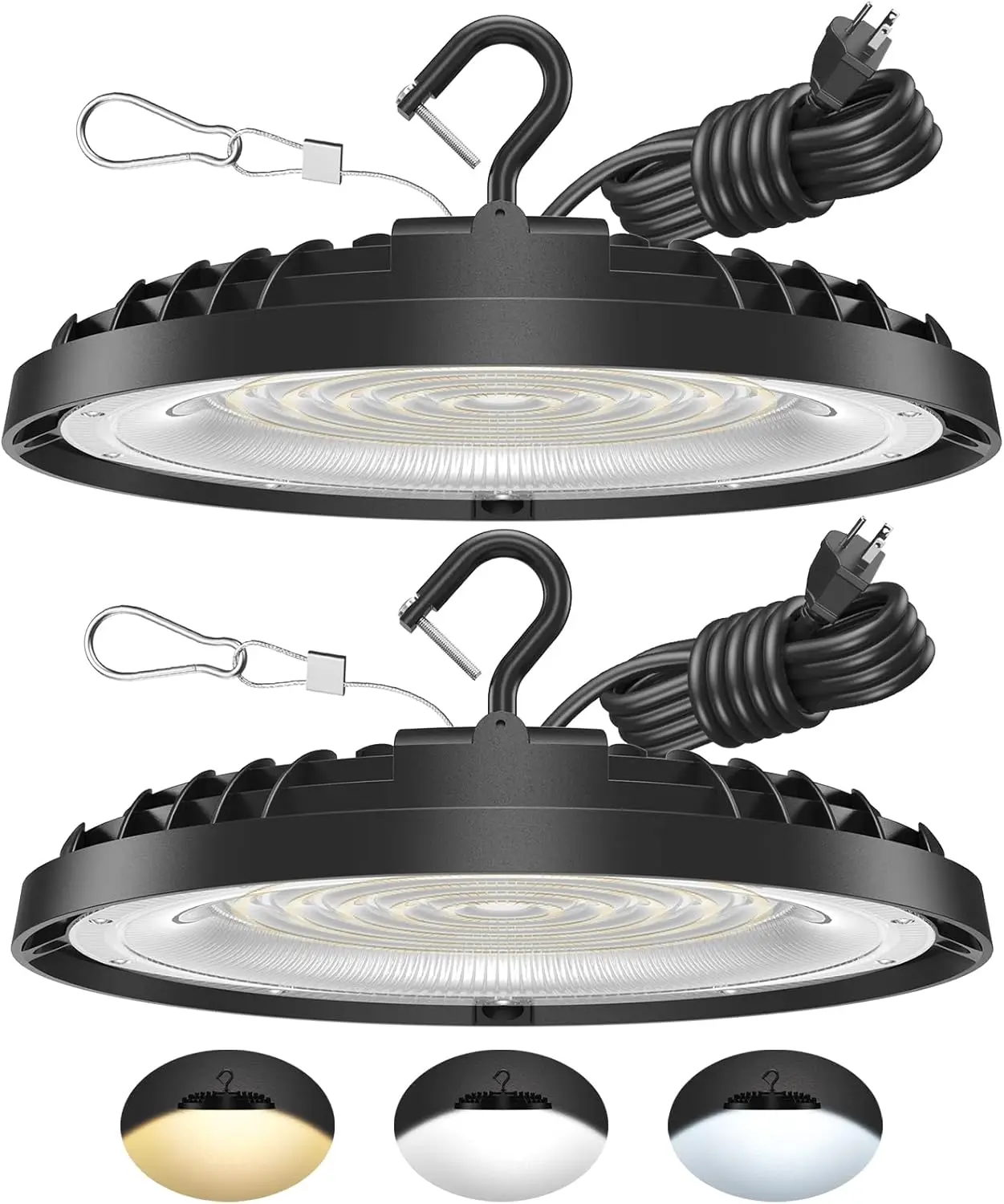 

Комплект из 2 светодиодных светильников UFO High Bay мощностью 150 Вт, регулируемая цветовая температура 3500K/5000K/6500K, 21 000 лм, Plug & Play для складов