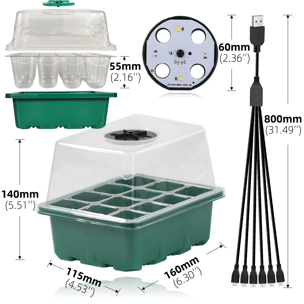 14CM Tall Full Spectrum LED Grow Lights Seedling Tray Germination Box  Greenhouse Indoor Garden Growing Pot 12 Cells