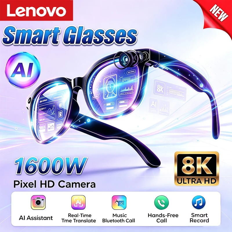 Lenovo AI Smart Glasses 1600W HD Camera Bluetooth Glasses Language Translation Calling Voice Assistant Adults Sunglasses New