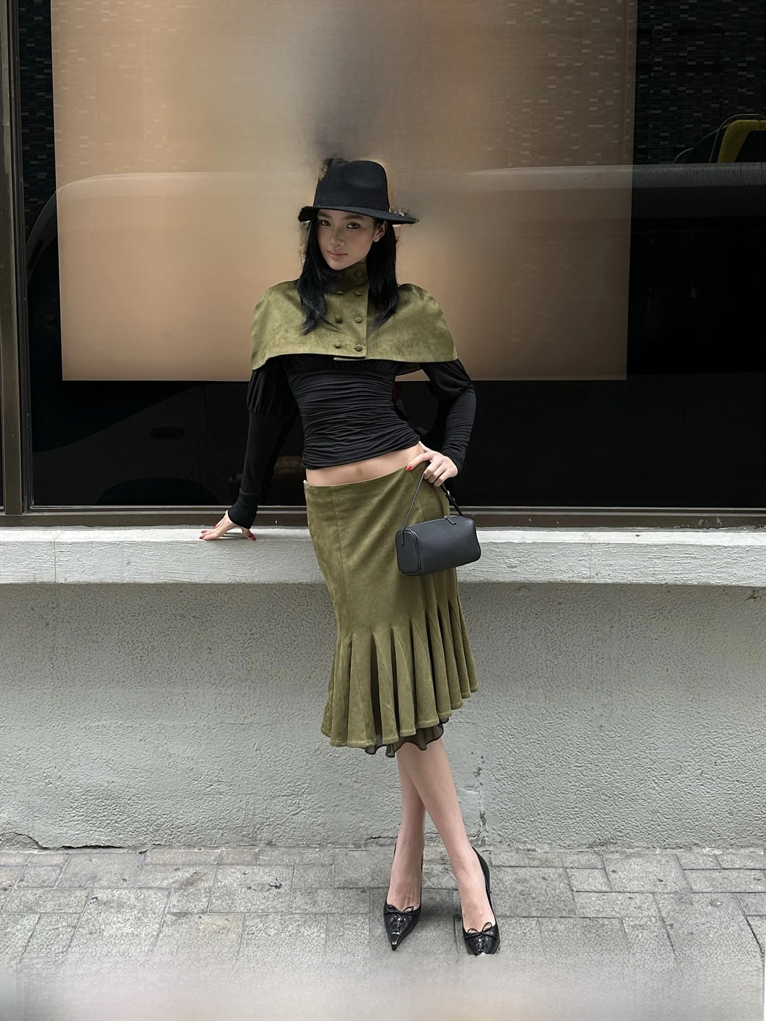 

Rovente Green Fish Tail Slim Fit Half Skirt Women's Spring Cowl Neck Cape Two Piece Set Asymmetrical Design Long Sleeve Polye...