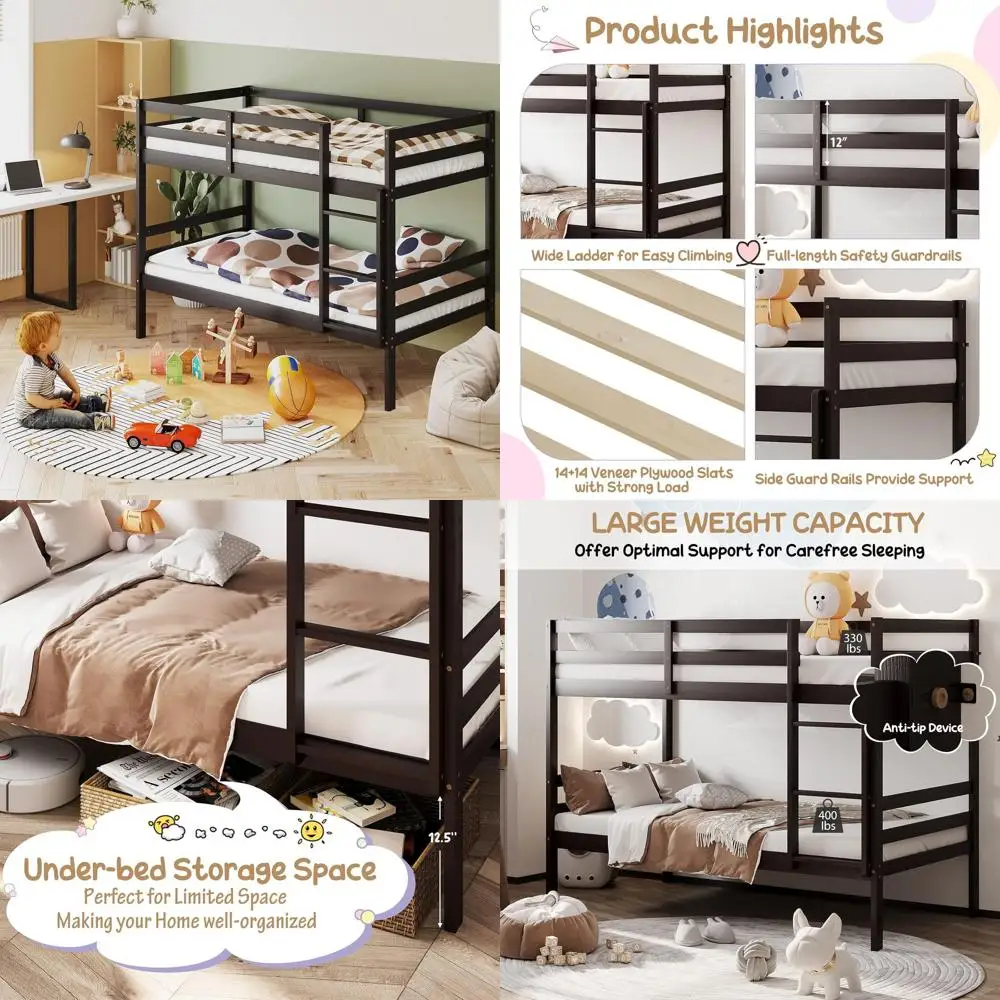 

Двухъярусная кровать Twin Over Twin из цельного дерева с лестницей и ограждением, идеально подходит для общежитий и семей с несколькими детьми, без коробчатой пружины N