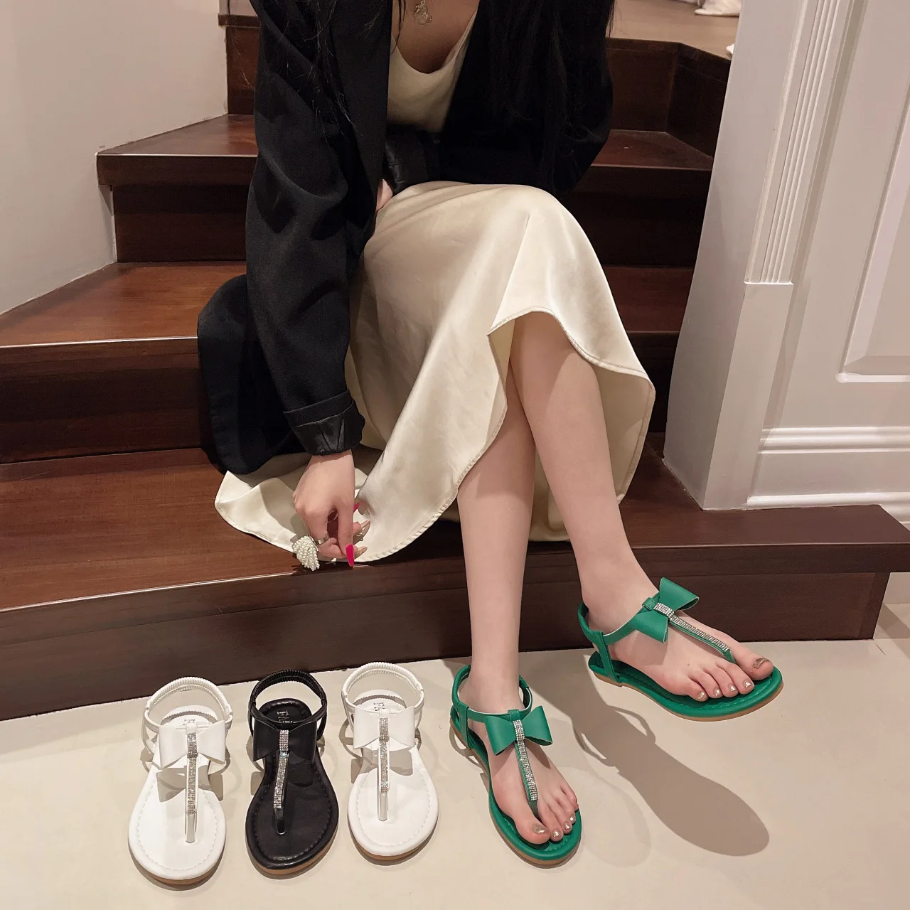 Beach Sandal Woman Luxury Flip Flops Platform Large Size Low-Heeled Shoes With Strap Suit Female Beige 2024 Summer Comfort Corre