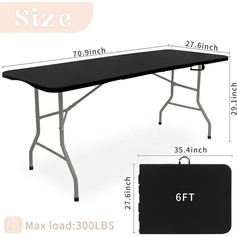 for 6 FT Lightweight Folding Camping Table Black Portable Alloy Steel Plastic Rectangular Outdoor