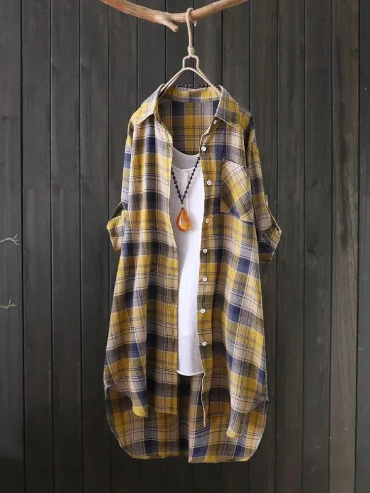 Thick Plaid Mid-Length Autumn Blouses Female Loose Women's Clothing Vintage Shirt Korean Style Winter Long Sleeve Blouse