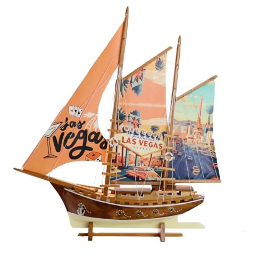 

Handmade Las Vegas printed fabric sailing yacht ship model, wooden, navy blue and white, lightweight decorative nautical home a
