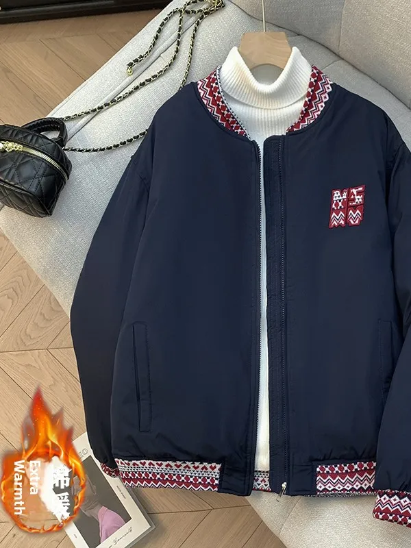 

Retro Couple Sle ort Baseball Jaet National Sle Thiened Cotton Outerwear for Women Winter Season Zipper Closure