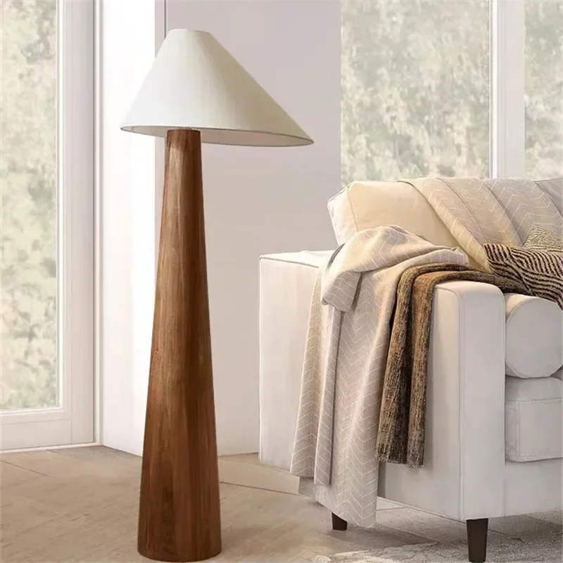 Nordic Designer Floor Lamp Retro Wabi-sabi Tapered Solid Wood Standing Light Bedroom Bedside Parlor Study Teahouse Hotel Fixture