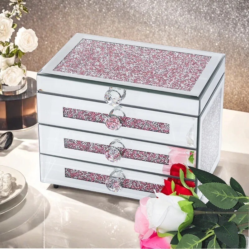 

Jewelry storage box Large capacity pink rhinestone mirror glass High-end desktop light luxury Jewelry storage