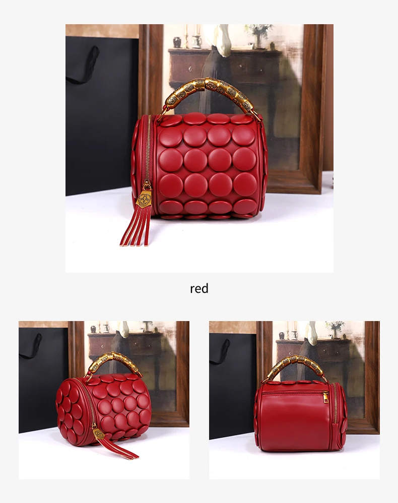 2026 Neues Design Damen Retro-Knopf-Lederhandtaschen Luxuriöse High-End Runde Röhrenförmige Bucket Bag Neue Mode Schulter-Umhängetasche – Detail 4
