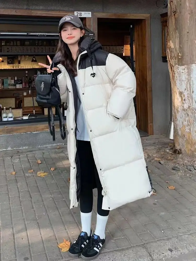 Damski płaszcz bawełniany z blokami kolorów, długi, oversize, do kolan, ocieplana kurtka puchowa, gruba, ciepła, zimowa, z kapturem, pikowana, streetwear
