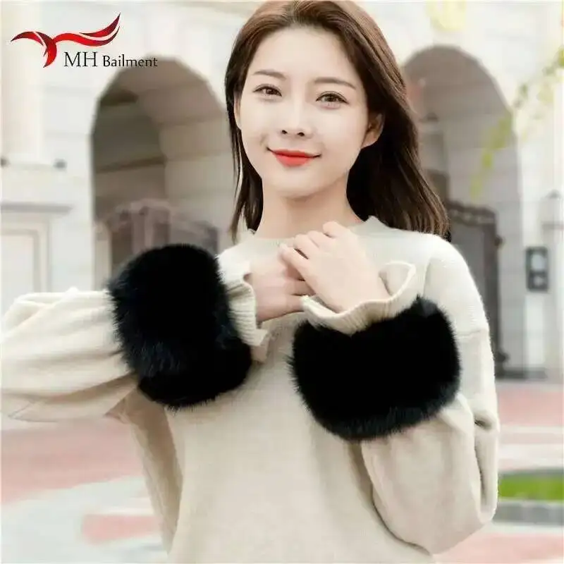 Genuine Fox Fur Cuffs For Women Winter Coat Keep Warm Wristband Ring Fashion Sweater Decorate Arm Bracele Wristband Sleeve