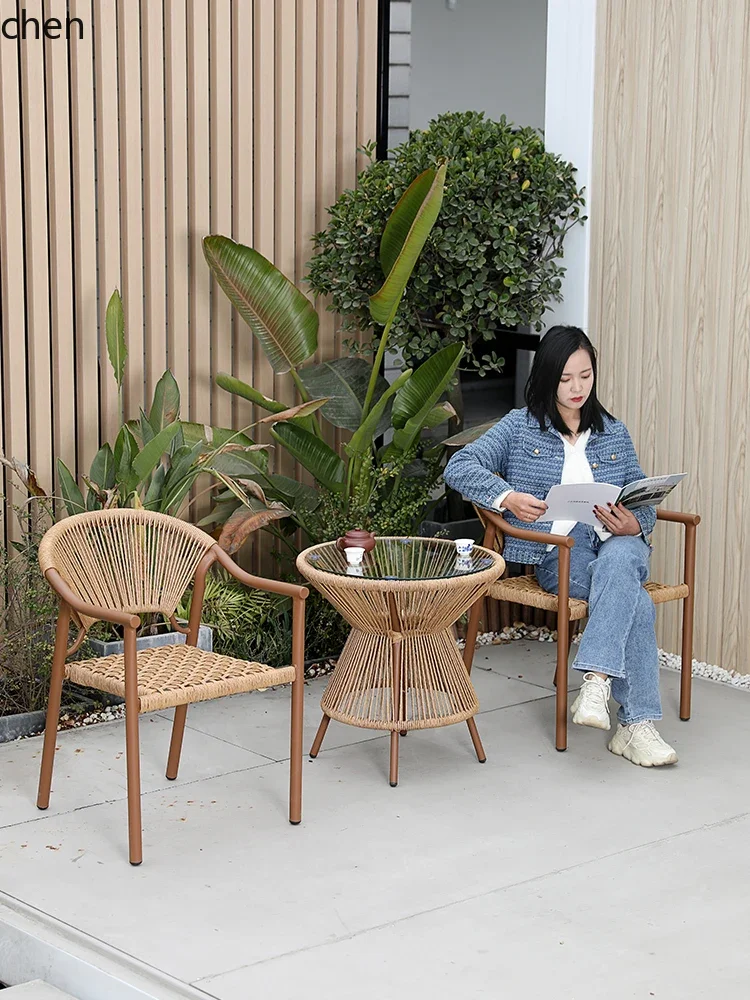 YFY Outdoor Table and Chair Rattan Chair Three-Piece Set for  Tea Drinking Reading Leisure Small Coffee