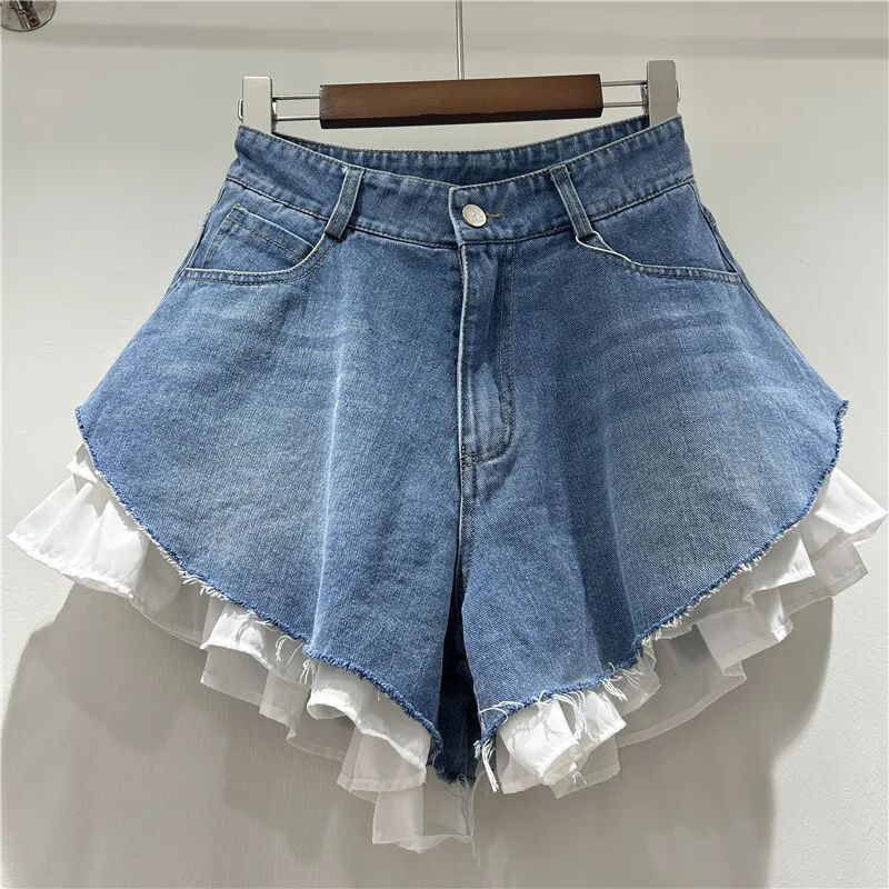 New Fashion Women's Patchwork Hem Wash Denim Shorts  Summer Trendy High Waist A-line Short Pants Female 1LS1393