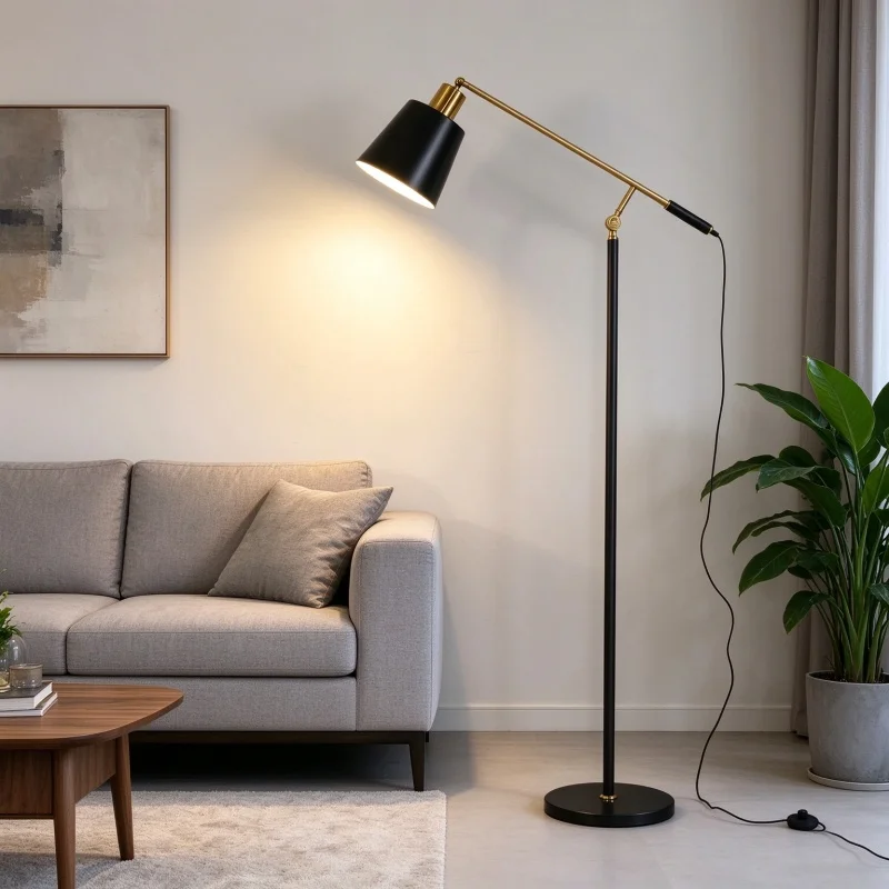 Black Gold Adjustable Floor Lamp Metal Swing Arm E27 Standing Lamp 90-260V Reading Light for Living Room Bedroom Office Home