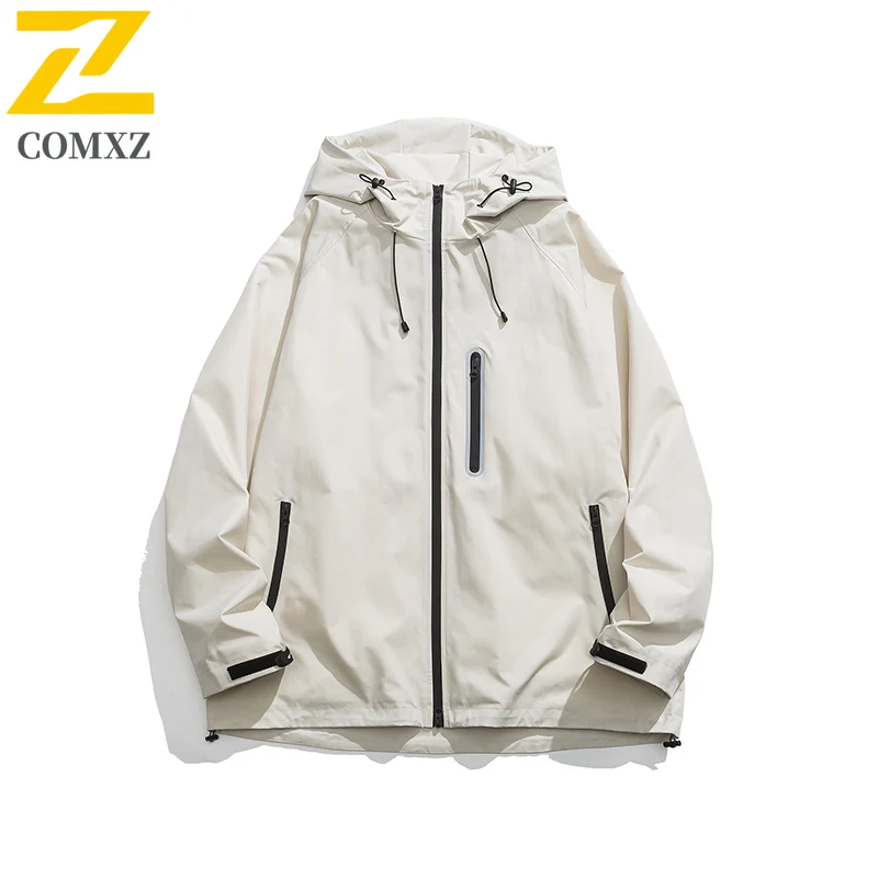 COMXZ Men Outdoor Jacket 2025 Hiking Camping Travel Windproof Waterproof Coat With Hood Lightweight Autumn Adventure Outerwear