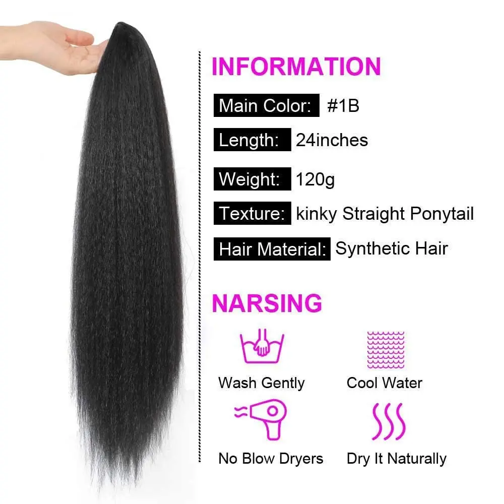 Peruka syntetyczna Haipiece Yaki Drawstring Ponytail Extension with Bangs Long Straight Clip in for Black Women Girl Lady Party Daily