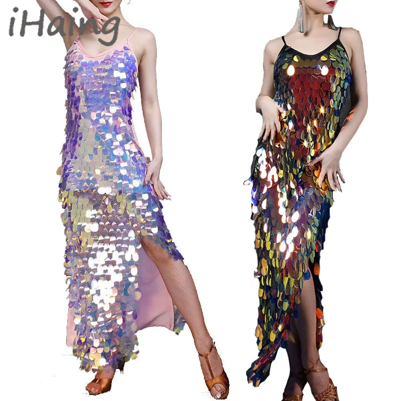 Adult Bling Sequins Latin Dance Dress Fringe Dancing Skirt Women Rumba Cha cha Tango Stage Costume Rave Outfits Lesson Clothes