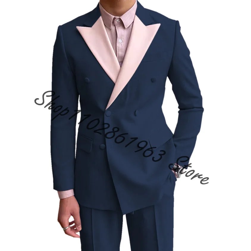 Pink Peak Lapel Linen Men Suits Double Breasted 2 Pieces Male Suits Blazer Pants Casual Wedding Groom Tuxedos Trajes De Hombre