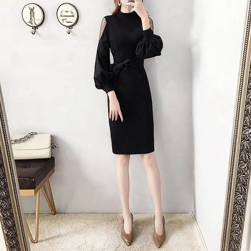 Woman Dress Midi Dresses for Women Cover Up Clothes Turtleneck Crochet Knee Length Solid Sexy Daring Over The Shoulder Knitted