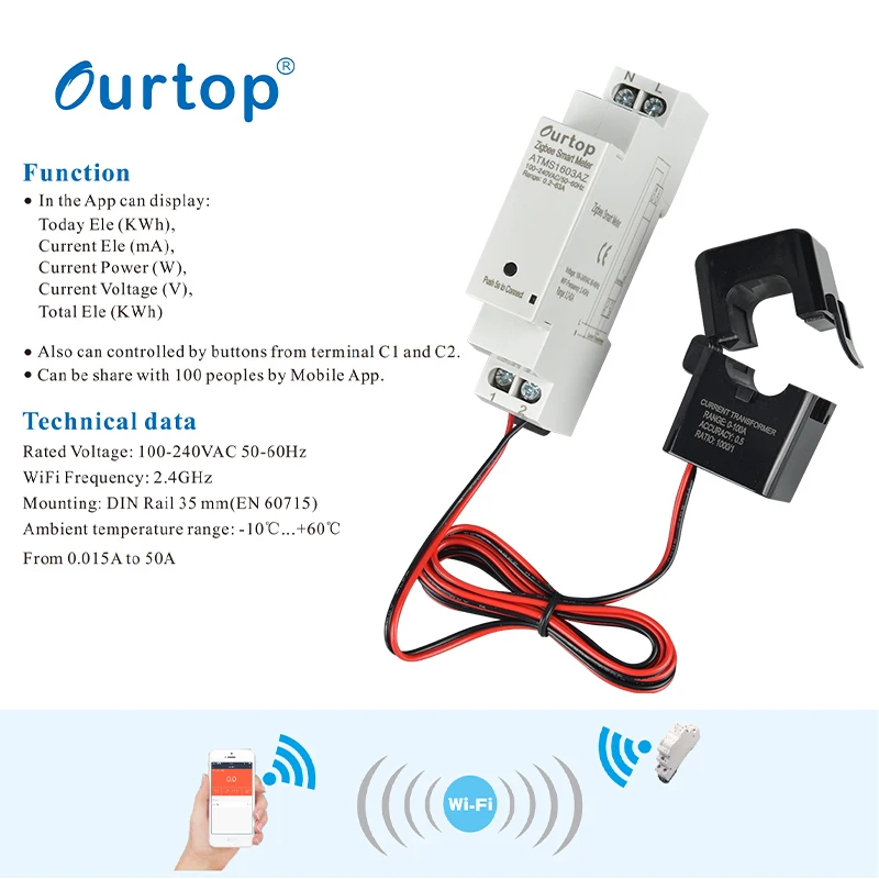 ATMS1603AZ TUYA zigbee Smart Switch Energy Meter Kwh 63A 1P/20A WIFI Zigbee Smart Meter