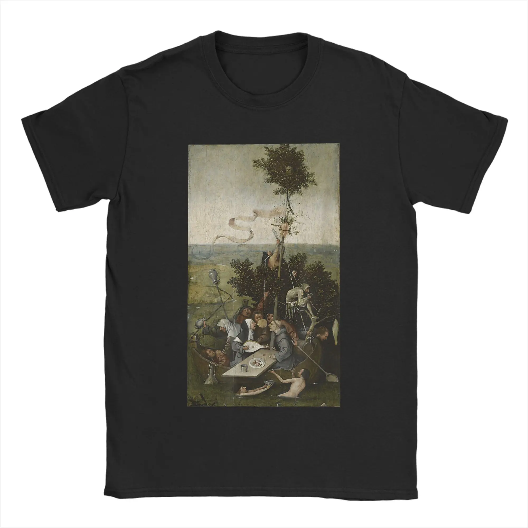 Men The Ship of Fools by Hieronymus-Bosch (1500) T Shirt  100% Cotton Clothing Amazing Short Sleeve Crewneck Tees Gift T-Shirt