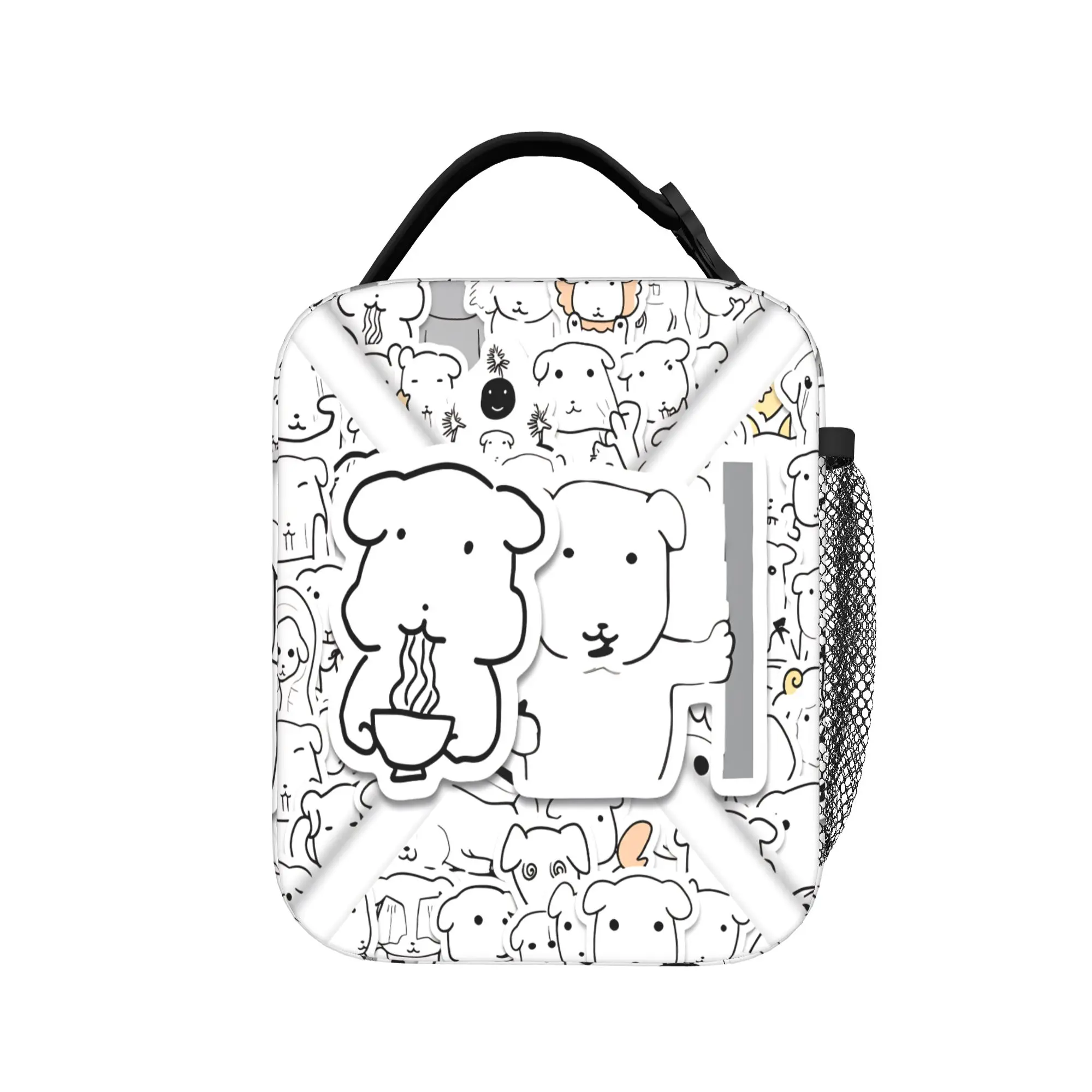 Korean Abstract Puppy Lunch Bag  Portable Zipper Lunch Box Women Picnic Graphic Cooler Bag Casual Oxford Thermal Tote Handbags