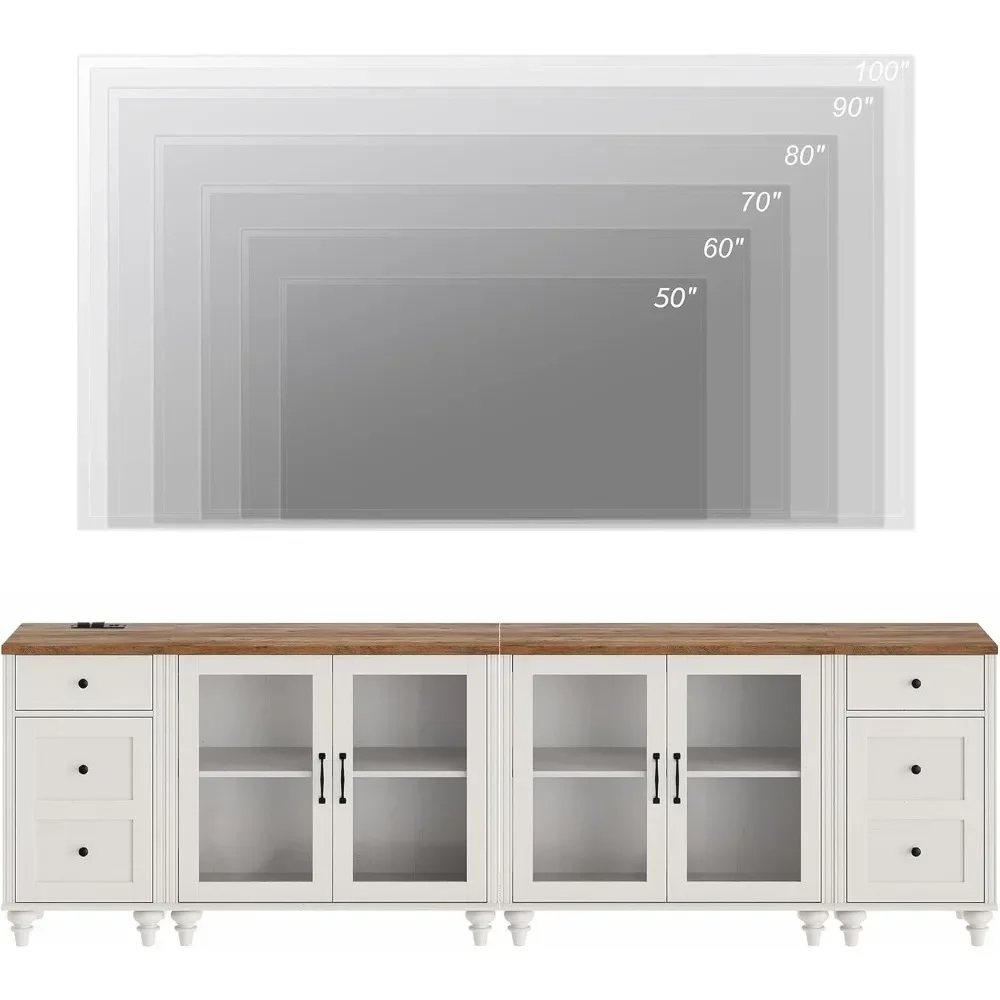 Suporte de TV grande para TV de 100 polegadas, mesa de console de TV LED para TV de 85 90 95 polegadas, centro de entretenimento com estação de carregamento e porta de vidro