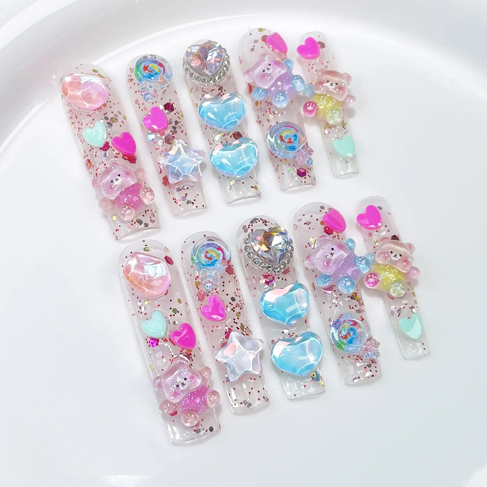 

Handmade Extra Long Press on Nails Cute Bear Love Rhinestone Design Fake Nails Full Cover European Shiny False Nail Patches