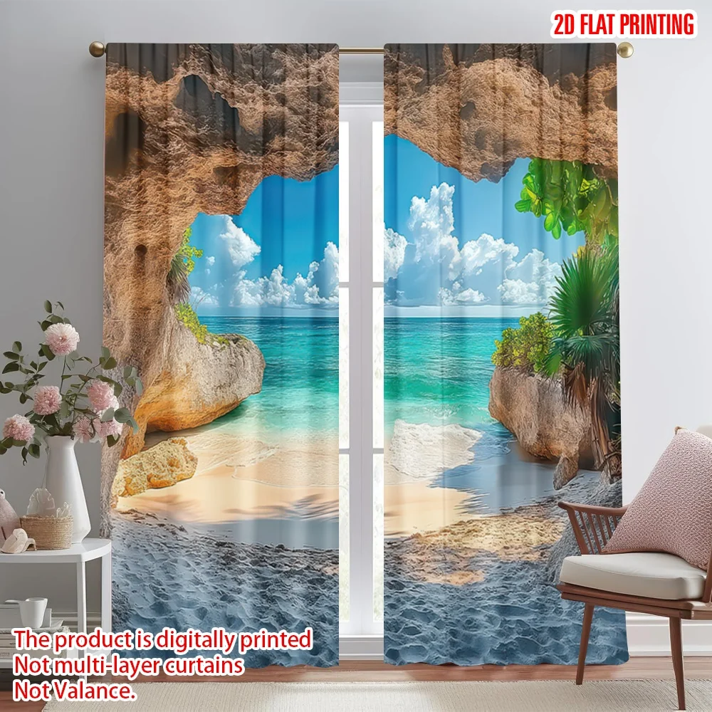 

2D flat printing 2pcs Window Curtains Tropical Beach Cave View Digital Printed Polyester Drapes Family Party Decoration Use for
